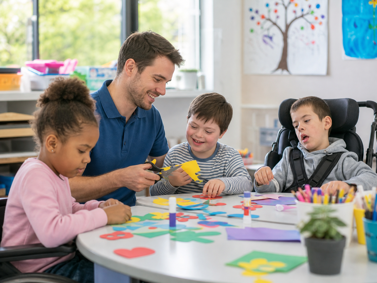 Kinderen knutselen onder begeleiding